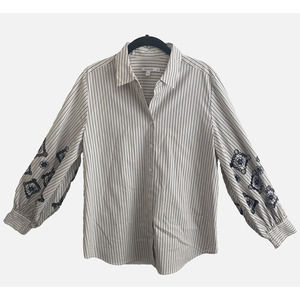 Chico's Striped Blouse with Navy Embroidery